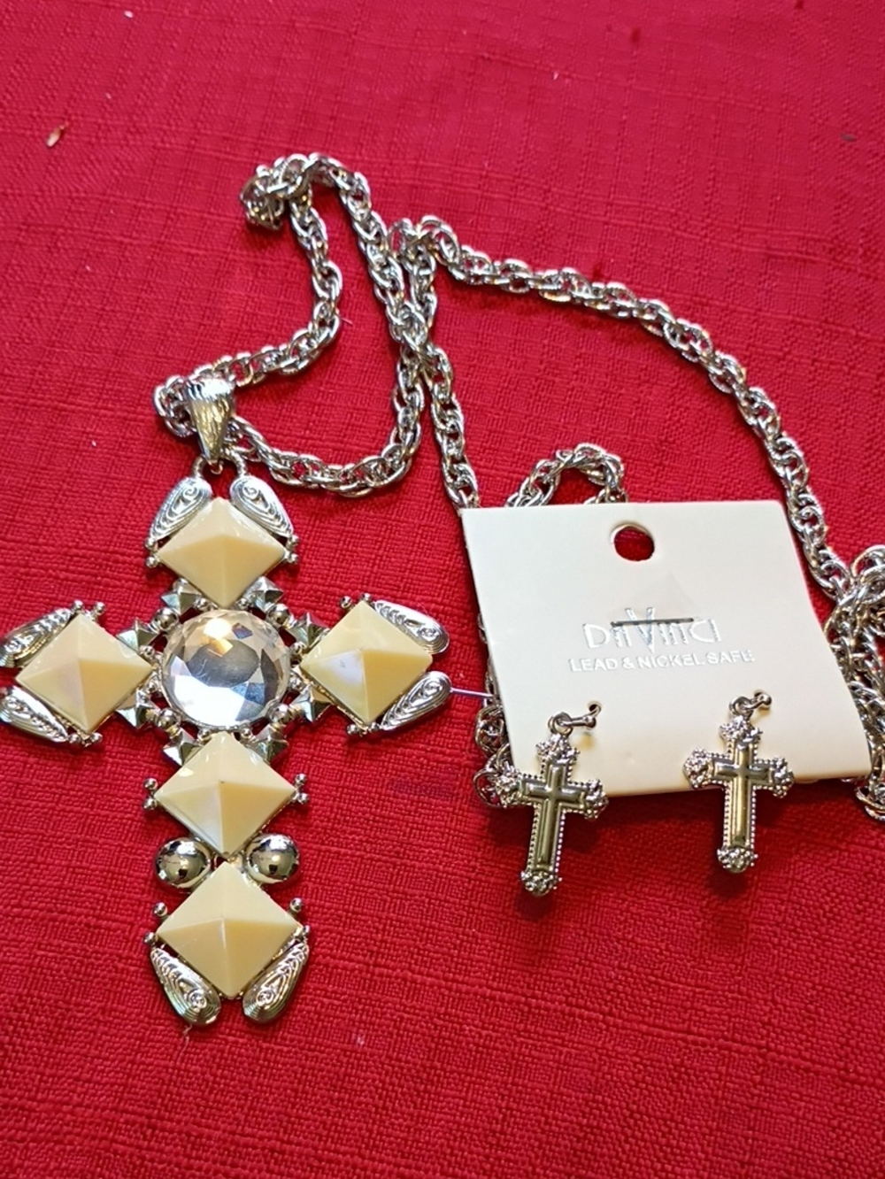 Ivory Cross Pendant Necklace and Cross Stud Earrings Set